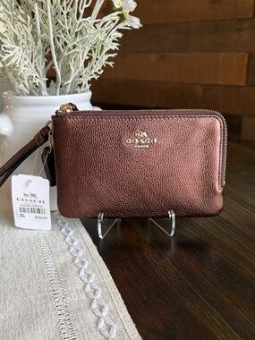 Coach Metallic Bronze Pebble Leather Double Zip Wristlet Wallet W/hangtag
